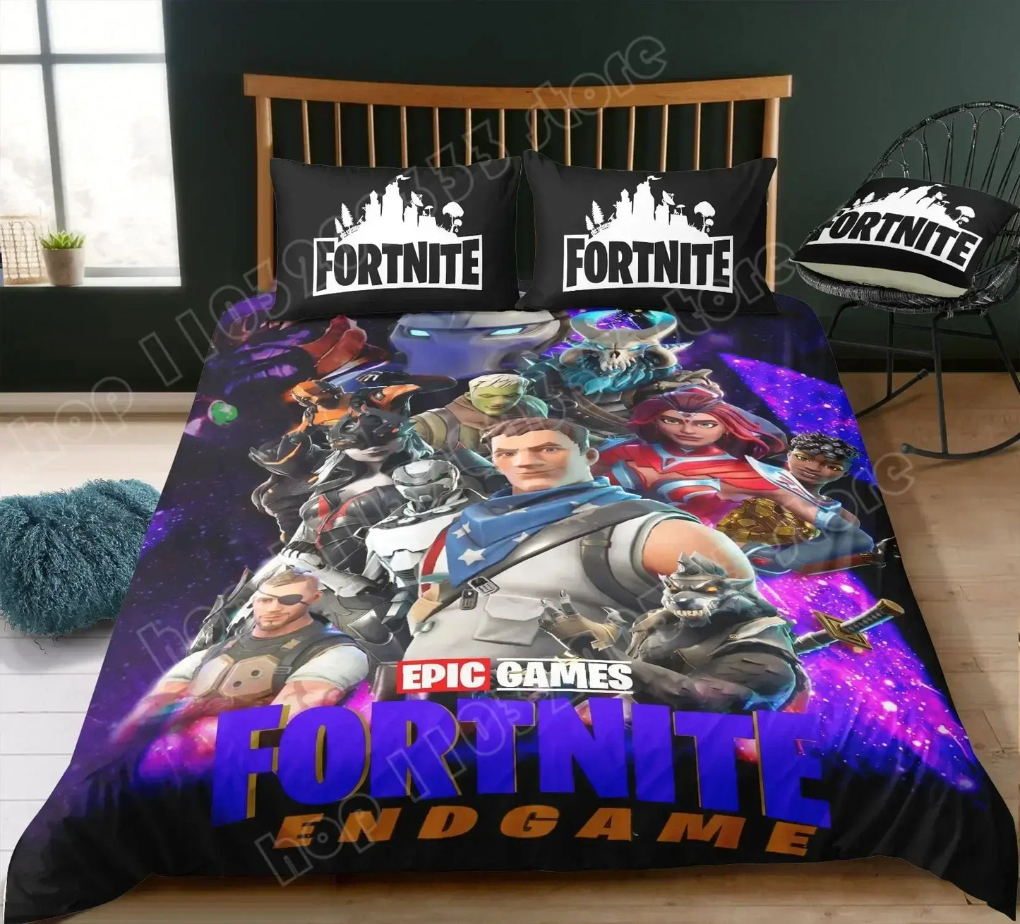 Спален комплект Fortnite с плик за завивка, 3 части, 3D принт, спално бельо за спалня, игра, аниме, анимационна калъфка за възглавница, декорация за стая, подаръци