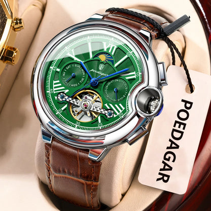 POEDAGAR men’s watch, luxury and professional style, with date and day display, tourbillon, stainless steel case, automatic mechanical movement and water resistance.
