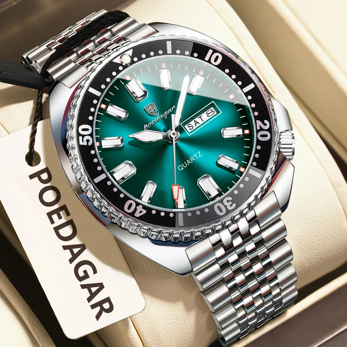 POEDAGAR luxury men’s watch, business style, with date and day of the week, water-resistant and luminous, made of stainless steel and powered by a quartz movement.