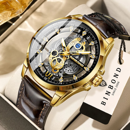 Vintage openwork BINBOND quartz wristwatch for men, luminous, water-resistant, accurate and durable, casual style.