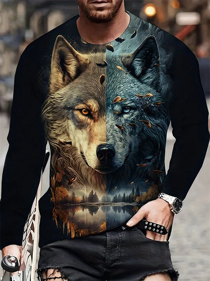 2024 Neues Herren-Langarmshirt mit Wolf-Print – lässiges Herren-Shirt für Frühling und Herbst, Street-Fashion-Langarmshirt