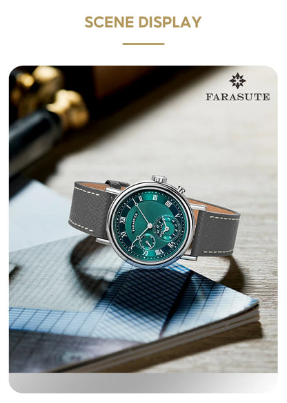 FARASUTE Retro Luxury Alarm Clock Quartz Watch Men Waterproof Night Light Wristwatch Casual Sapphire Stainless Steel Male Watch