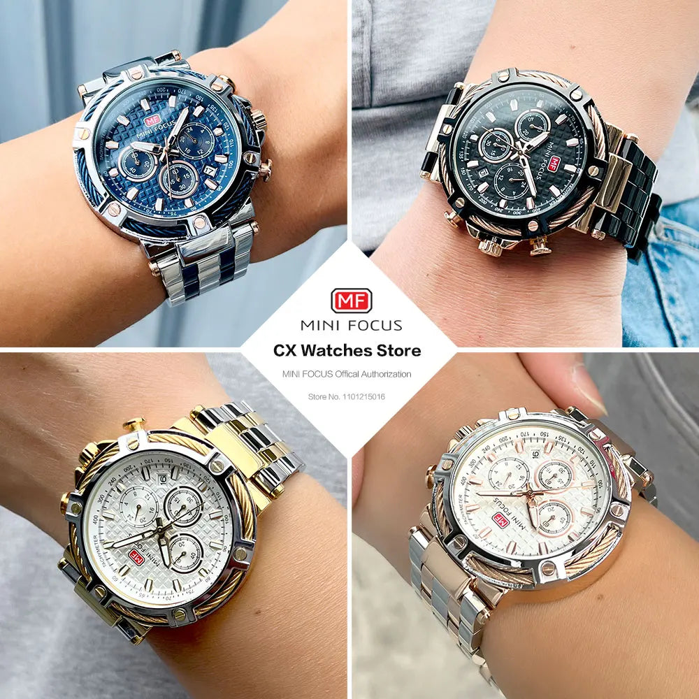 MINI FOCUS Black Stainless Steel Quartz Watch Men Fashion Luminous Dress Wristwatch with Date 24-hour Display Chronograph 0470