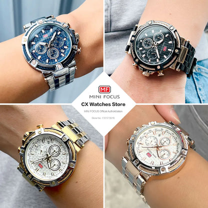 MINI FOCUS Black Stainless Steel Quartz Watch Men Fashion Luminous Dress Wristwatch with Date 24-hour Display Chronograph 0470