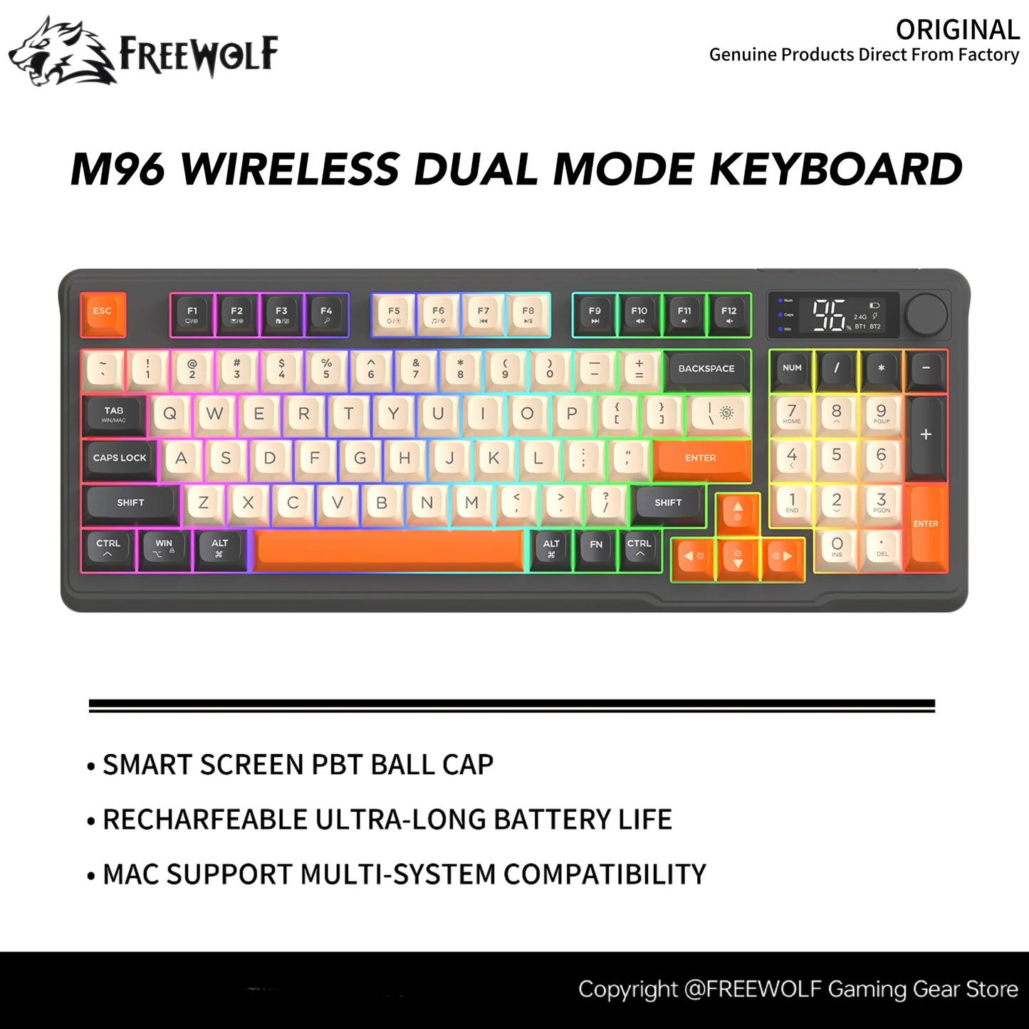 M96 kabellose Bluetooth-Tastatur FREEWOLF mit Digitalanzeige, RGB-Hintergrundbeleuchtung, 2000mAh-Akku & PBT-Tastenkappen für PC/Laptop