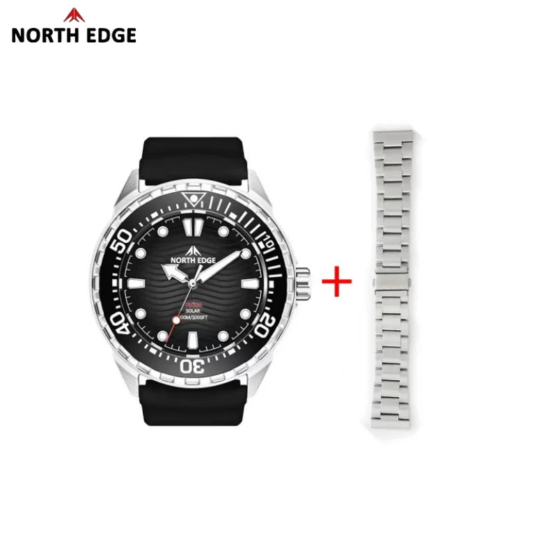 Stainless Steel Diving Watch Solar Energy Driven Quartz Watch Outdoor Waterproof Long Battery Life Rotatable Chronograph Ring