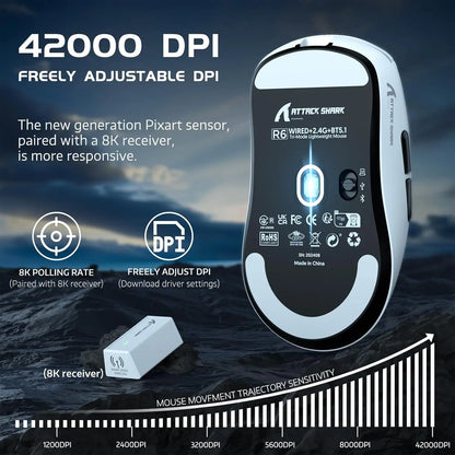 Rato Gaming Sem Fios Leve Attack Shark R6, Sensor PAW 3950Max para Computador com Nordic 52480, Polling 8KHz