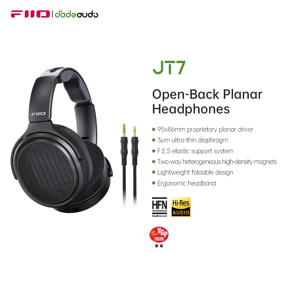 Cuffie audiophile over-ear magnetiche planari FiiO JT7 – Driver 95x86mm, headset HiFi cablato 4.4mm e 3.5mm