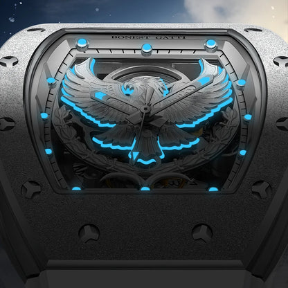 BONEST GATTI Luxury Men's Hollow Automatic Mechanical Watches Tonneau Sapphire Crystal Luminous Hollow Eagle Dial Rubber Straps