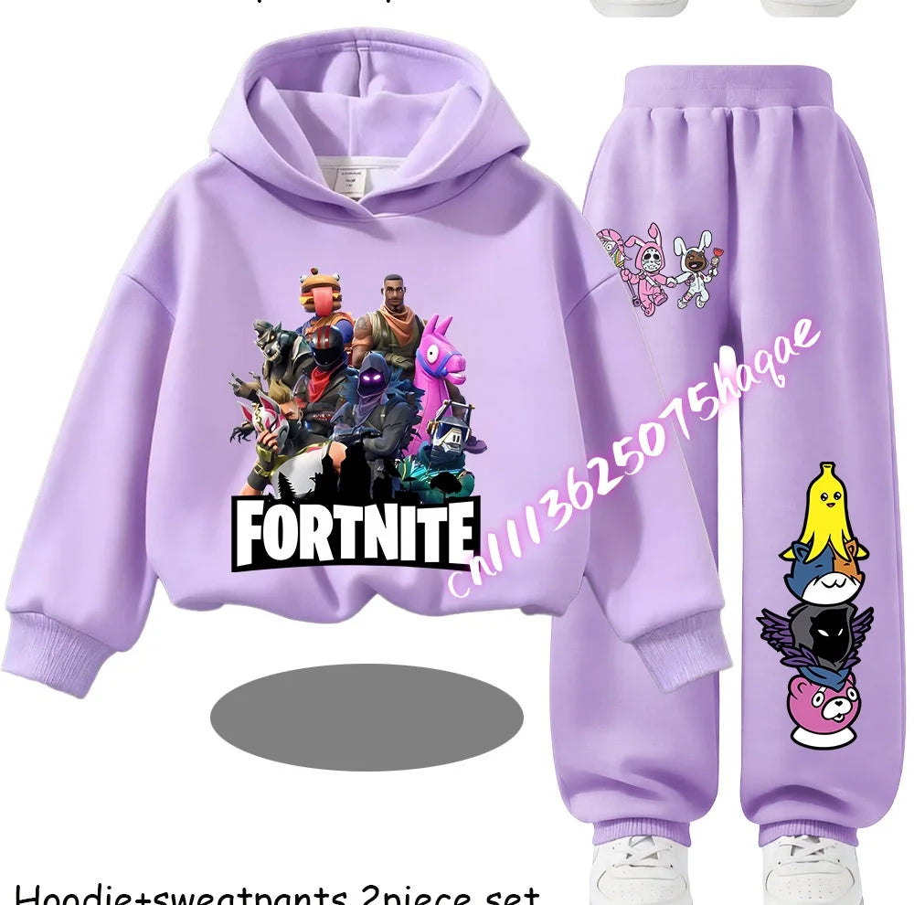 Fortnite-bedruckte Kinder-Hoodies, Cartoon-Design, bequemes 2-teiliges Set, locker sitzende Langarm-Oberteile mit Hose, Herbst-/Winterkleidung, Geschenk