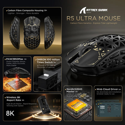 ATTACK SHARK R5 Ultra Carbon Fiber brezžična gaming miška, gaming senzor PixArt PAW3950MAX, 42000DPI, 8000Hz, MCU Nordic 52840