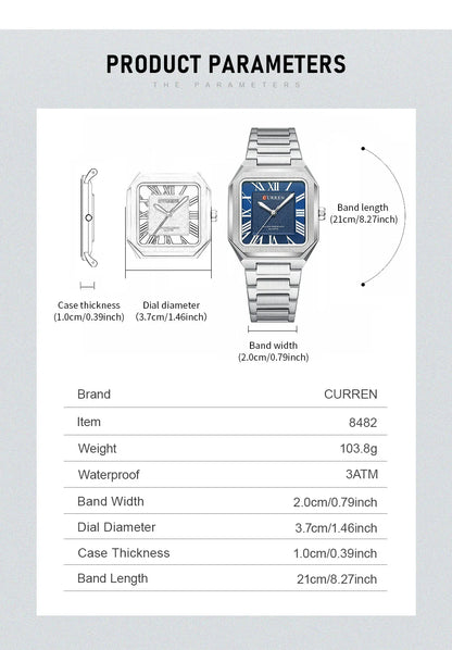 CURREN Vintage Square Design Dial with Roman Numeral Classic Business Dress Quartz Watch for Men with Luminous Hands 8482
