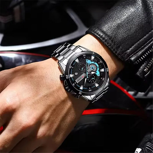 CURREN 8402 luxury men’s watch, brand new, stainless steel, water-resistant, with chronograph and night-light function.