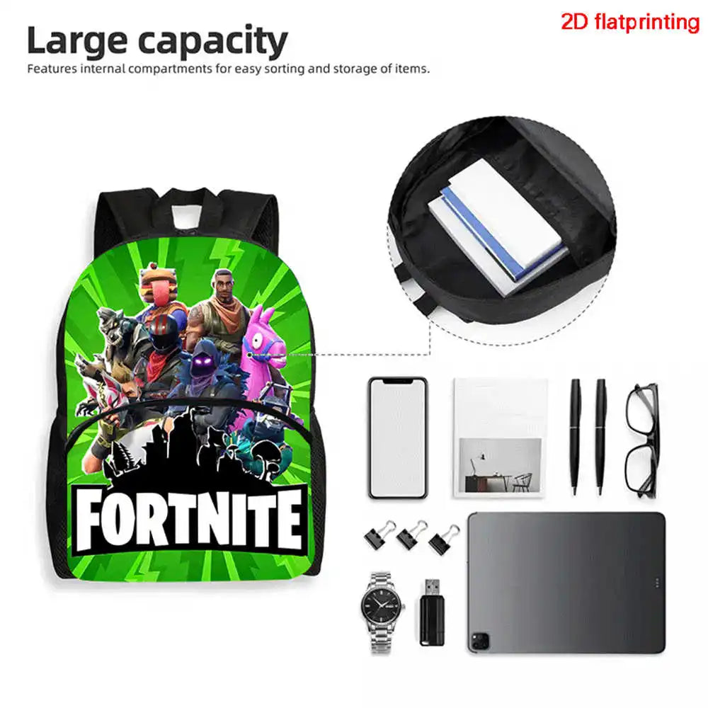 Mochila Fortnite Cartoon com Bolso Frontal e Estojo 2PCS - Conjunto Escolar para Meninos e Meninas dos 5 aos 8 Anos, Presente de Regresso às Aulas