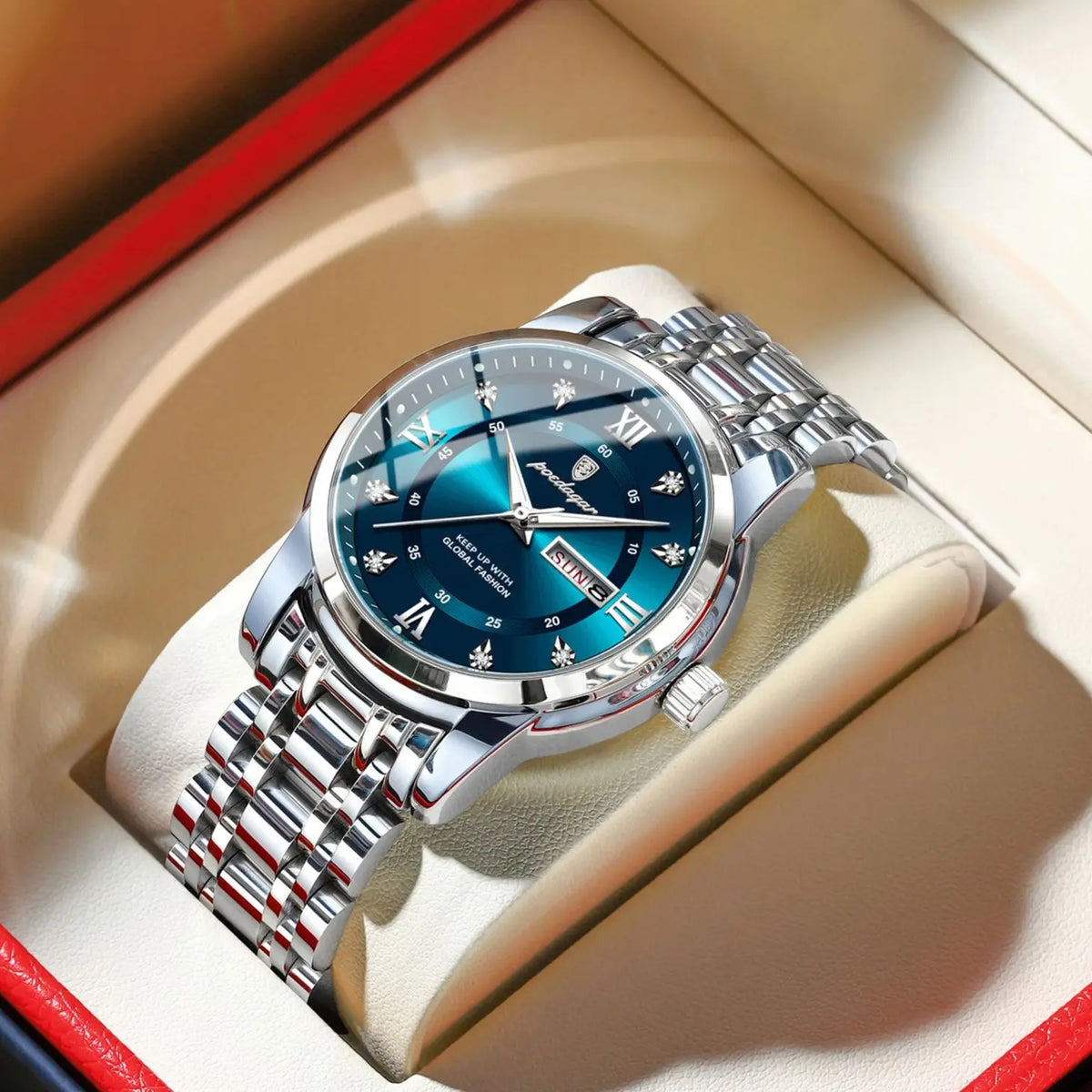 Trendy, luxury POEDAGAR men’s wristwatch, water-resistant, made of stainless steel, with luminous hands, date display and quartz movement.