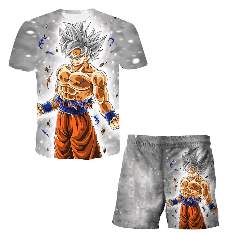 Japanisches Cartoon-Dragon-Ball-Z-T-Shirt, Kinder-Oberteil, T-Shirt- und Shorts-Zweiteiler für den Sommer, Jungen-T-Shirt + Shorts, Strandshorts