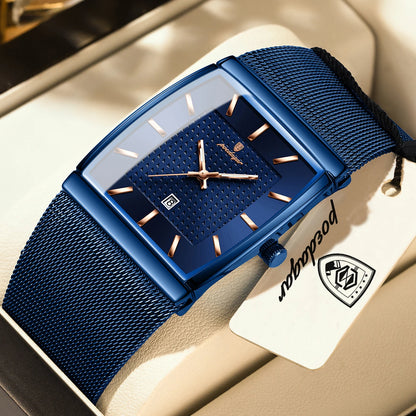 Montre pour homme POEDAGAR, modèle de luxe, bracelet en maille d'acier inoxydable, affichage de la date, étanche, aiguilles luminescentes, style décontracté, boîtier rectangulaire, mouvement à quartz.