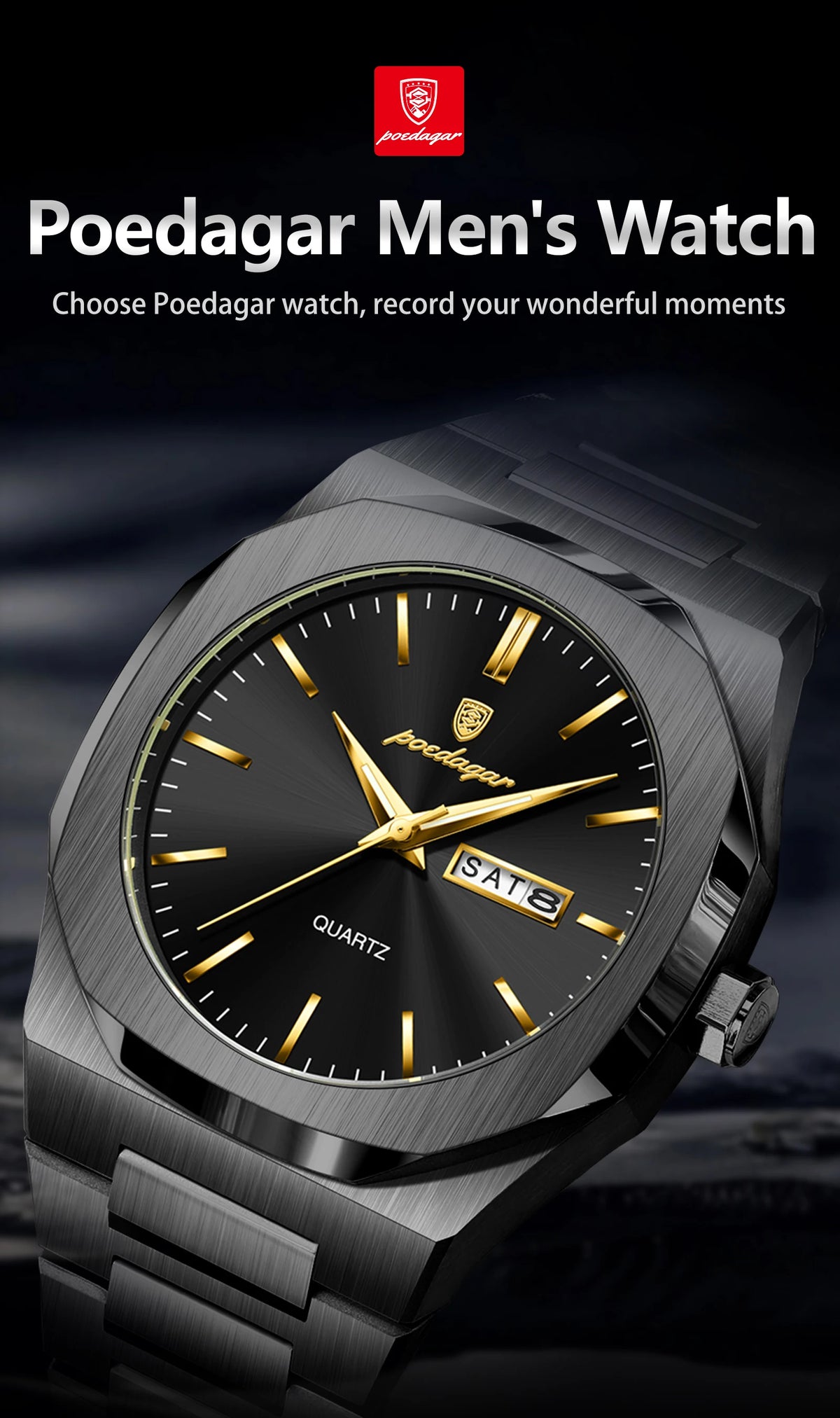POEDAGAR Fashion Brand Male Watch Waterproof Luminous Stainless Steel Watches For Men Date Week Casual Quartz Men's Clock Reloj