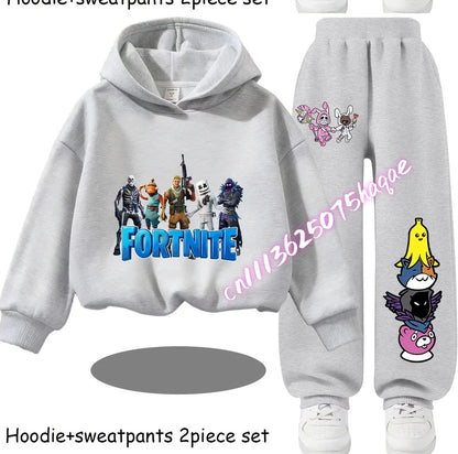 Fortnite-bedruckte Kinder-Hoodies, Cartoon-Design, bequemes 2-teiliges Set, locker sitzende Langarm-Oberteile mit Hose, Herbst-/Winterkleidung, Geschenk