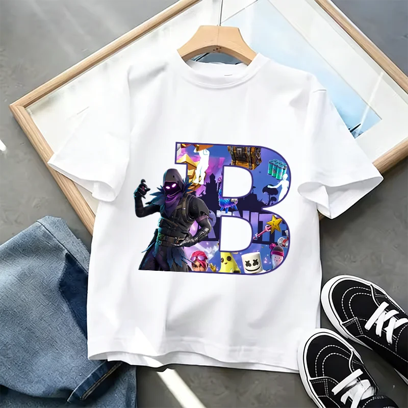 Fortnite A-Z Alphabet Print T-Shirt Summer Kids White Clothing Popular Cartoon Game T-Shirt Fashion Casual Short Sleeve Top Gift