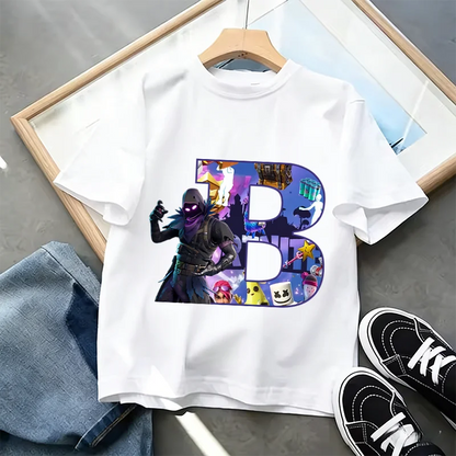 Fortnite A-Z Alphabet Print T-Shirt Summer Kids White Clothing Popular Cartoon Game T-Shirt Fashion Casual Short Sleeve Top Gift