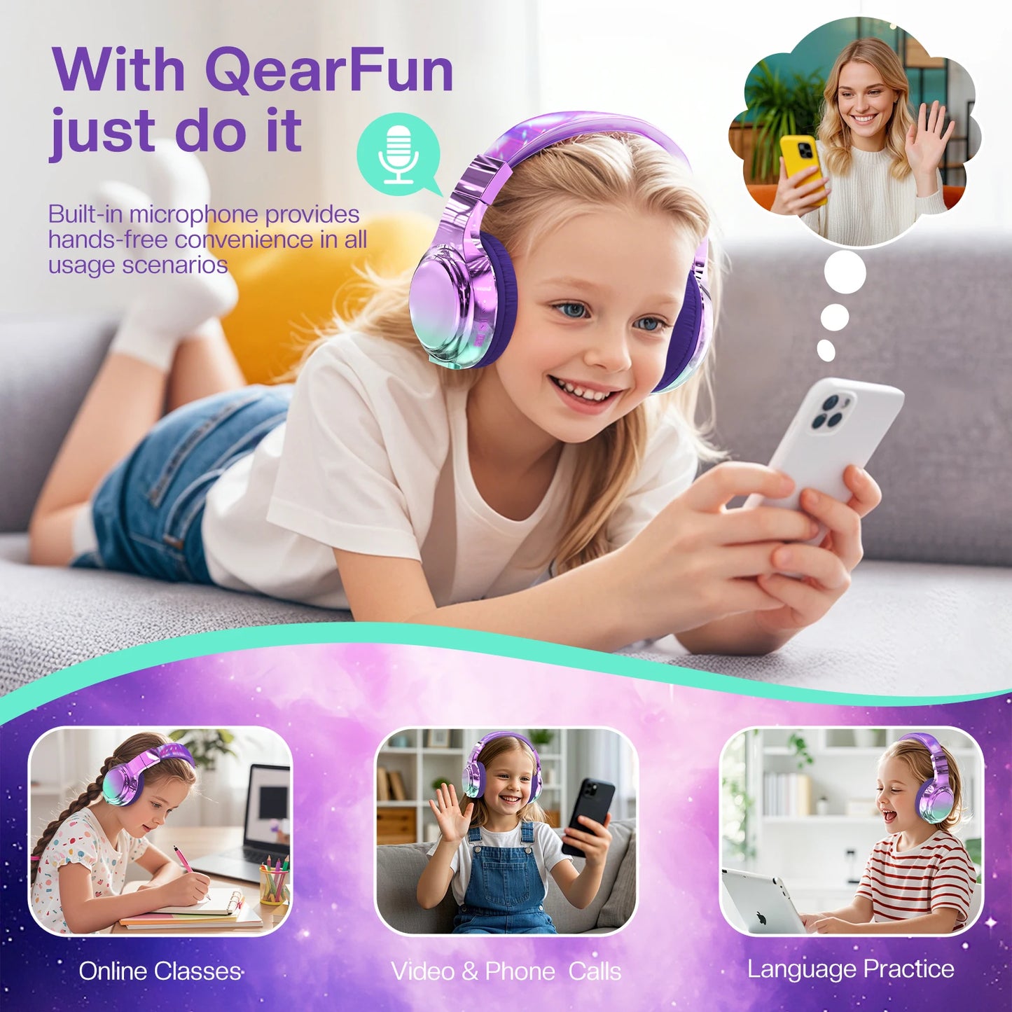 Gradient Kids Bluetooth Headphones Over Ear Girls Wireless Headphones With Mic Foldable Lightweight Headset For School Travel