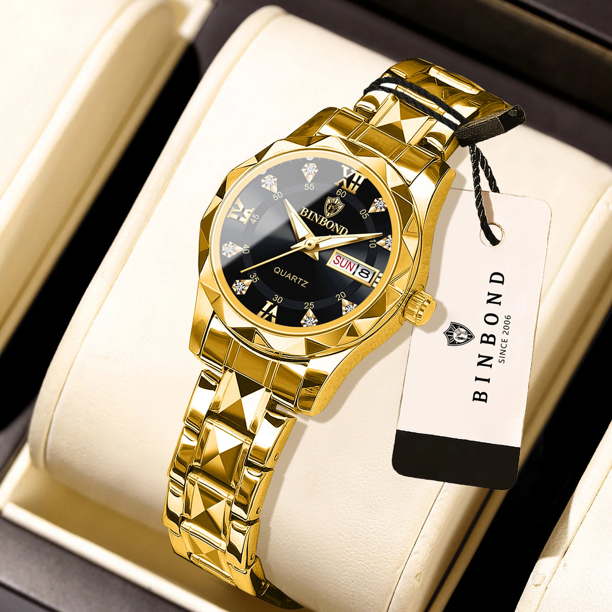 BINBOND ladies’ watch: a robust, luxurious, luminescent and water-resistant quartz watch, featuring an accurate date and day-of-the-week display.