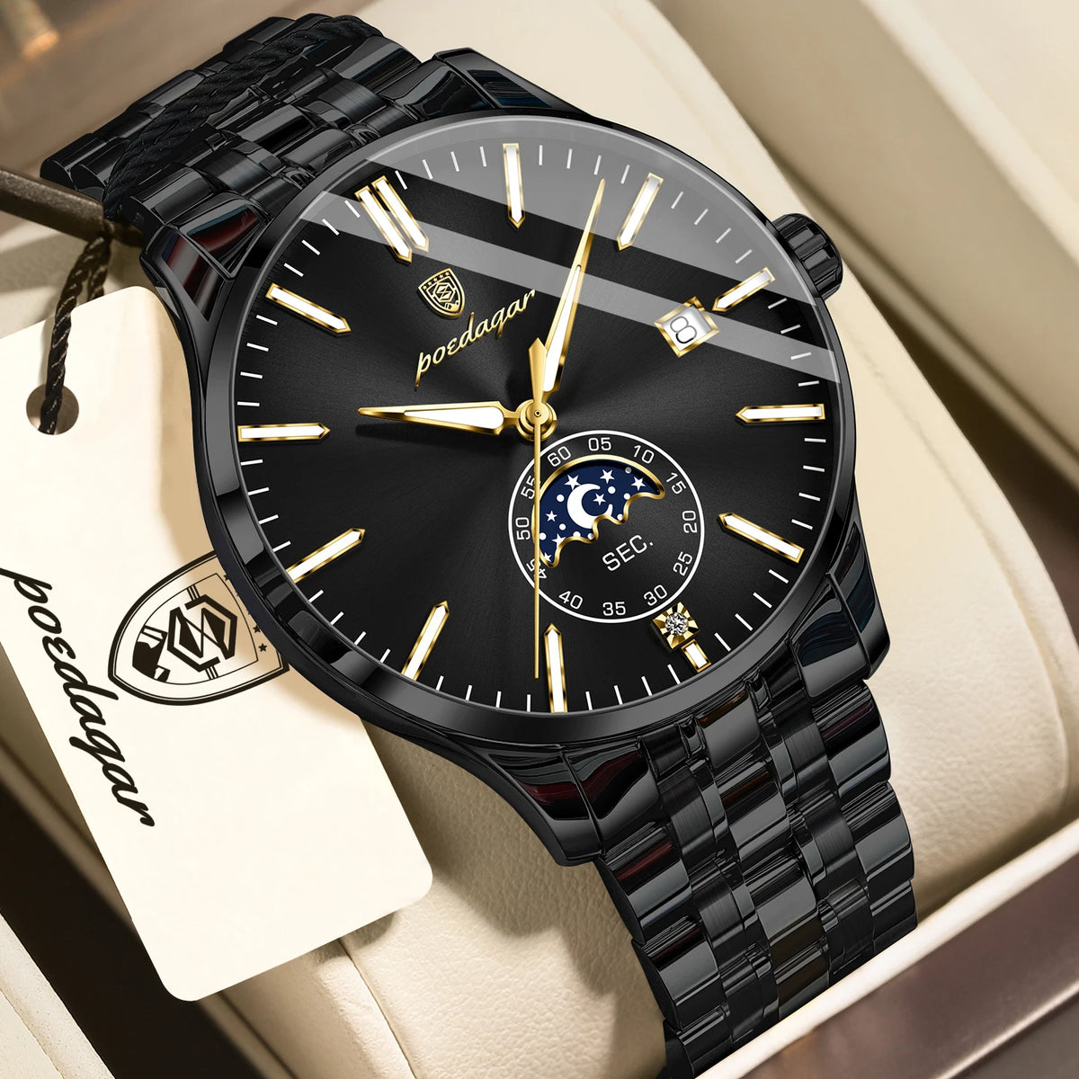 POEDAGAR luxury men’s watch, casual style, stainless steel, quartz, water-resistant, luminous, with date, elegant.