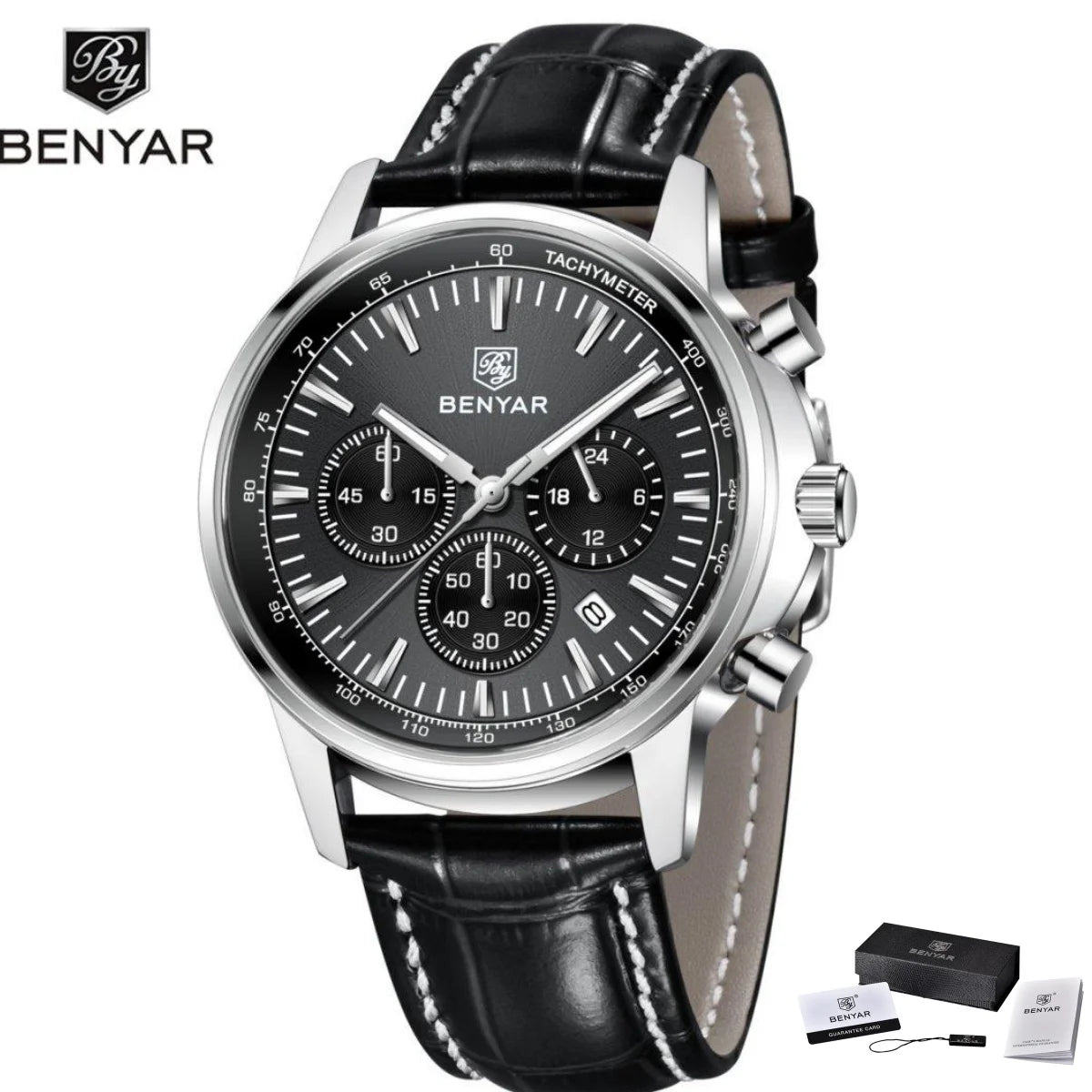 Benyar luxury men’s watch – Chronograph with date, leather strap, water-resistant, luminescent, sporty and military style, quartz watch