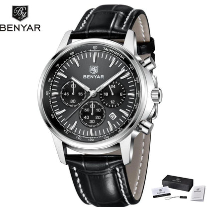 Benyar luxury men’s watch – Chronograph with date, leather strap, water-resistant, luminescent, sporty and military style, quartz watch