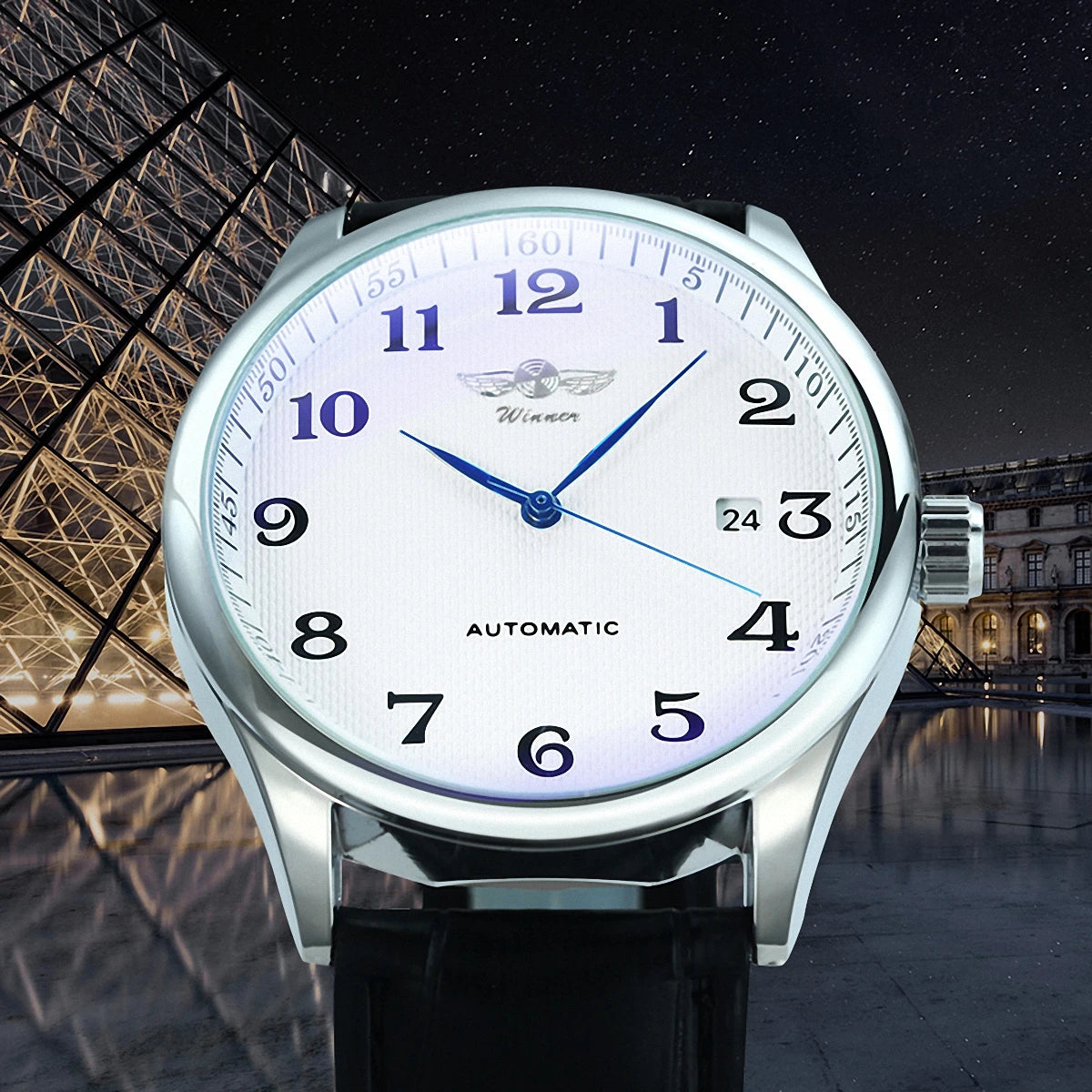 Classic men’s watch – Retro style with date display and blue hands, automatic mechanical movement, prestigious brand, steel case and leather strap
