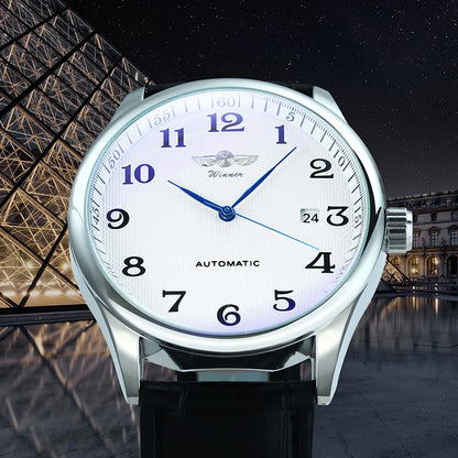 Classic men’s watch – Retro style with date display and blue hands, automatic mechanical movement, prestigious brand, steel case and leather strap