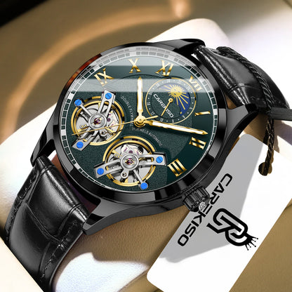 CAREKISO Fashion Men Clock Double Hollow Tourbillon Automatic Mechanical Man Watch Waterproof Luminous Leather Men's Watches+Box