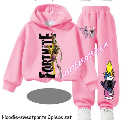 Fortnite-bedruckte Kinder-Hoodies, Cartoon-Design, bequemes 2-teiliges Set, locker sitzende Langarm-Oberteile mit Hose, Herbst-/Winterkleidung, Geschenk