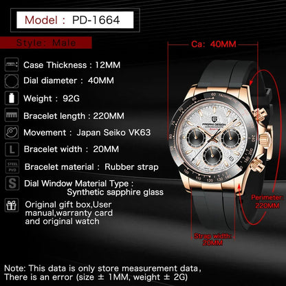 Nuevo original PAGANI DESIGN PD-1664 reloj de pulsera de lujo para hombre con movimiento de cuarzo japonés VK63, cristal de zafiro, cronógrafo impermeable dorado