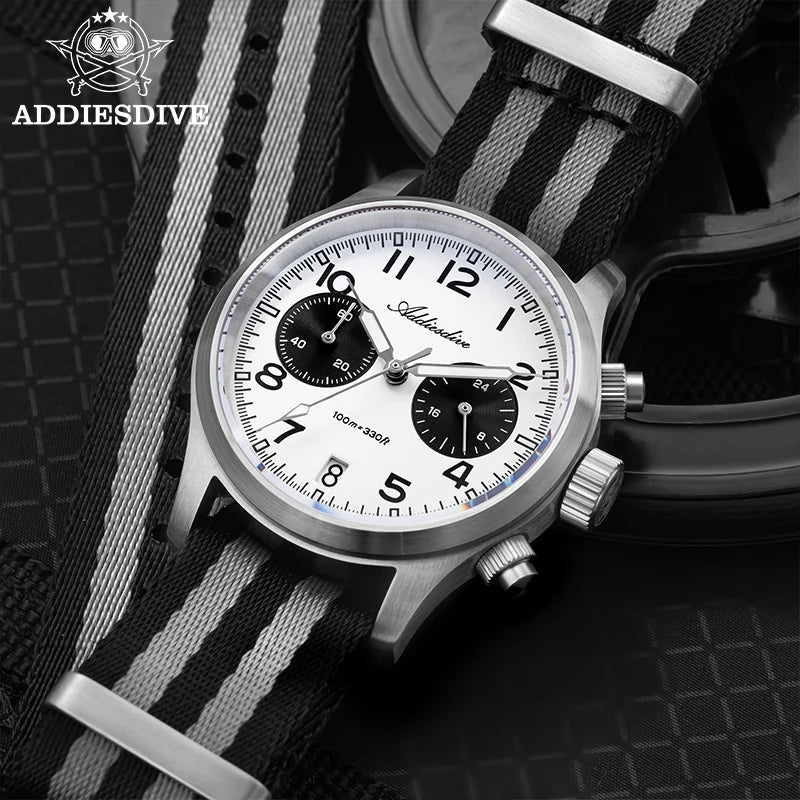 Relógio Masculino ADDIESDIVE 2025 New Panda Eye Retro Luxo VK64 Quartz, Cronógrafo Desportivo, 100M Impermeável, Luminoso