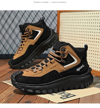 Black And Tan Mid Top Hiking Boots Suede And Leather Platform Sneakers Non Slip Outdoor Casual Shoes With Rugged Sole For All