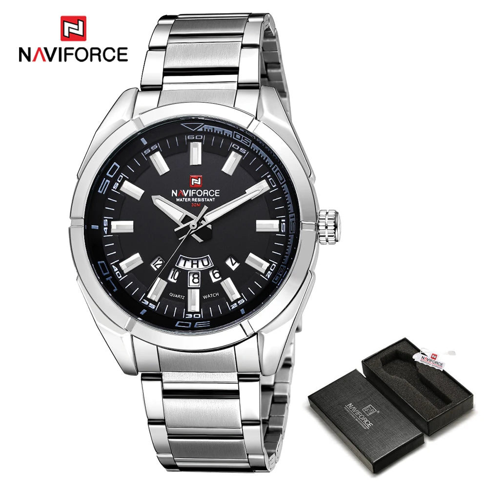 NAVIFORCE férfi karóra, teljes egészében acélból, vízálló, laza stílusú, kvarcmozgással és dátumkijelzővel – Luxus férfi karóra egy vezető márkától.