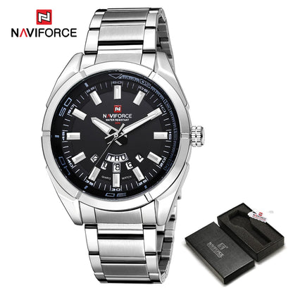 NAVIFORCE férfi karóra, teljes egészében acélból, vízálló, laza stílusú, kvarcmozgással és dátumkijelzővel – Luxus férfi karóra egy vezető márkától.