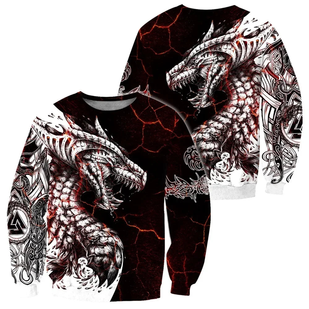 Sweatshirt com Capuz para Homem Black & White Tattoo Dragon com Impressão 3D, Unissexo, Streetwear, Fecho de Correr, Pullover, Casaco Casual de Fato de Treino KJ0192