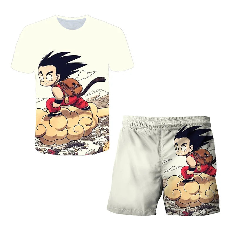 Japanisches Cartoon-Dragon-Ball-Z-T-Shirt, Kinder-Oberteil, T-Shirt- und Shorts-Zweiteiler für den Sommer, Jungen-T-Shirt + Shorts, Strandshorts