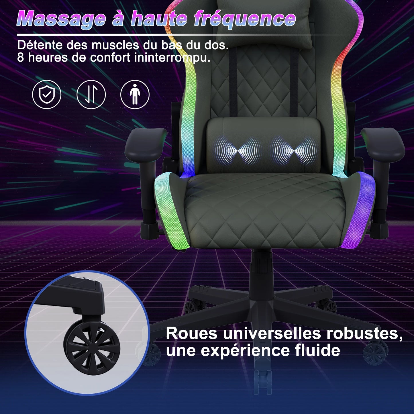 Rosahqnda Gaming Chair with Massage Function, Adjustable backrest,Computer Chair,with ambient light,Lumbar Cushion, Pillow,150 KG