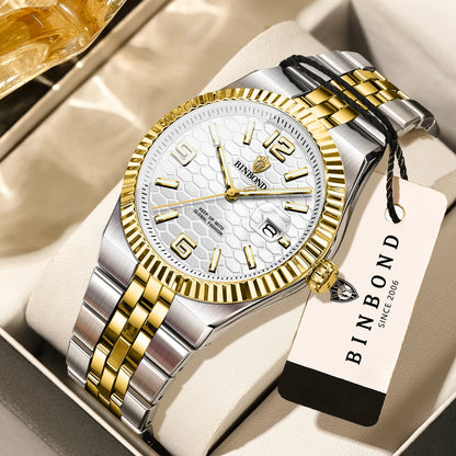 BINBOND luxury quartz wristwatch, luminous, water-resistant, automatic date, for men, stainless steel, business, sport, fashion and casual styles.