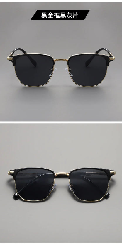 Handsome Half Frame Sunglasses Personalized Retro Rectangular Design Black Gray Eyeglass Lenses UV Resistant Sunglasses