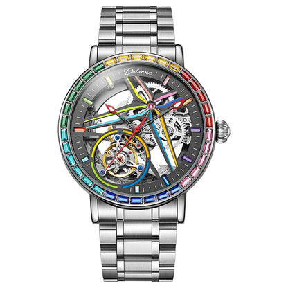 Férfi szkeleton óra, divatos stílusban, szivárvány színekben ragyogó drágakövekkel díszítve, tourbillon szerkezettel; luxus automata mechanikus óra, 30 méterig vízálló.