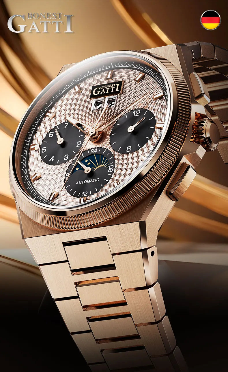 BONEST GATTI 2026 New Men's Automatic Watch 316L Stainless Steel Luminous Date Week Month 24H Display Business Mechanical watch