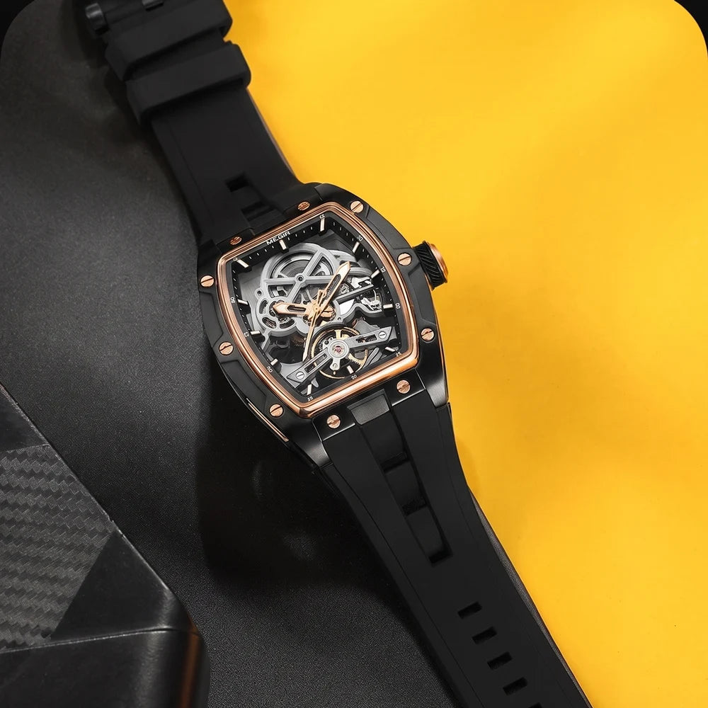 MEGIR men’s mechanical watch, tonneau shape, open-worked skeletonised dial, sporty style, silicone strap, luxury automatic watch