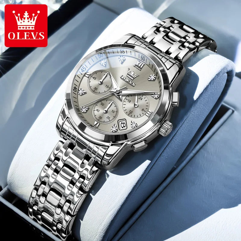 OLEVS ladies’ watch, luxury brand, quartz, water-resistant, luminous, date display, chronograph, bracelet, dress watch with diamonds.