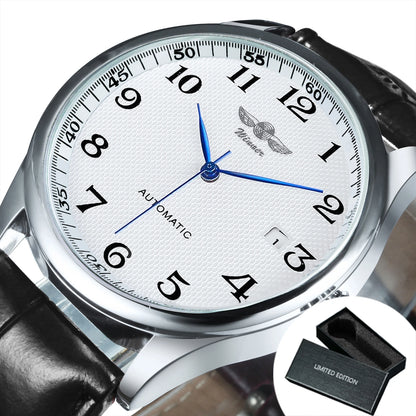 Classic men’s watch – Retro style with date display and blue hands, automatic mechanical movement, prestigious brand, steel case and leather strap