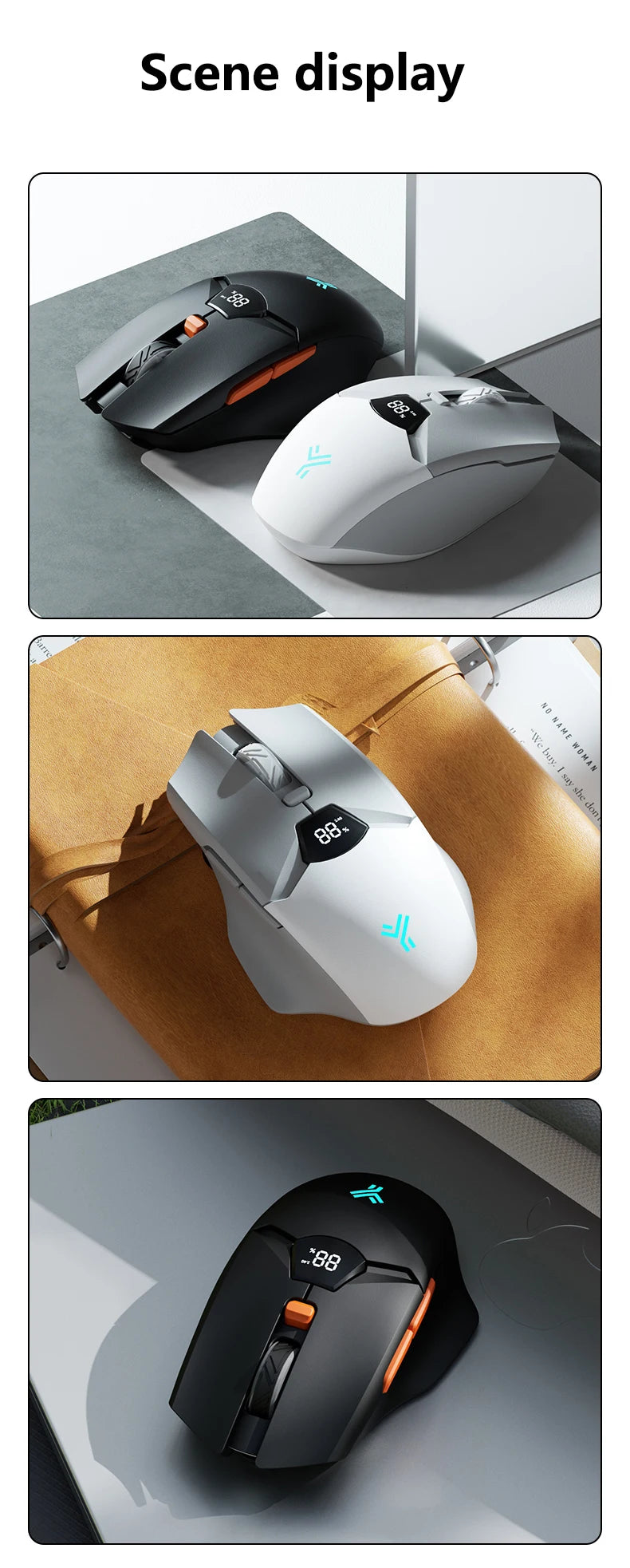 Mouse gaming wireless Warvank SX01 con display smart, regolazione DPI a 6 velocità, batteria ricaricabile da 600mAh, mouse Bluetooth silenzioso per ufficio